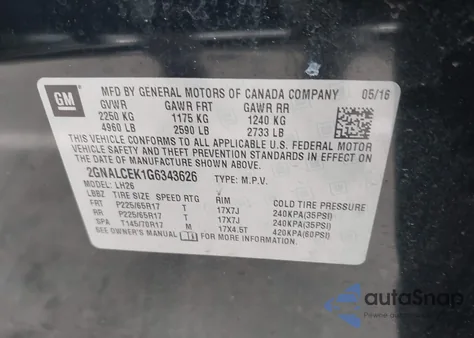 2016 Chevrolet Equinox Lt from USA, damaged, VIN 2GNALCEK1G6343626